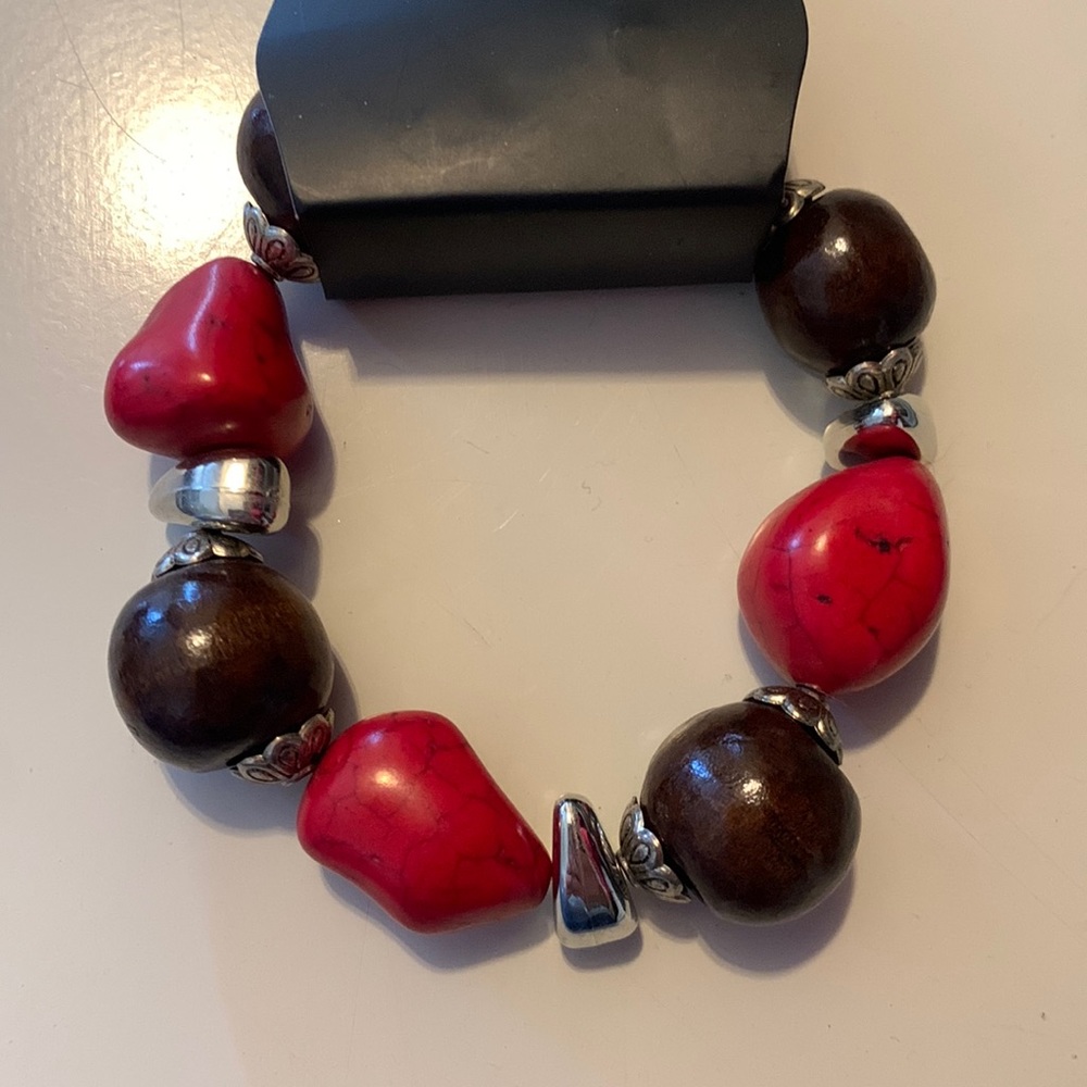 🌺 Red, Brown and Silver Bracelet